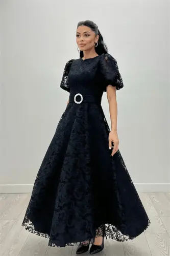 Lace Fabric Sleeves Balloon Sleeve Maxi Dress - BLACK - 9