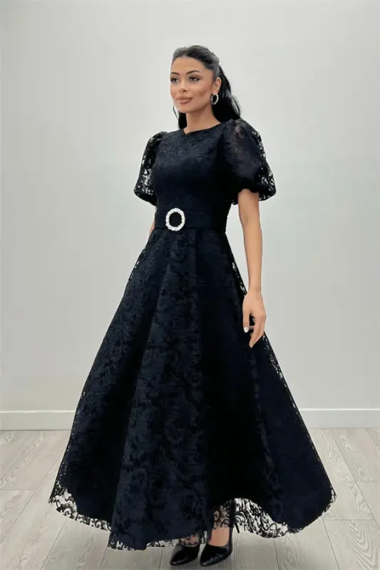 Lace Fabric Sleeves Balloon Sleeve Maxi Dress - BLACK - 9
