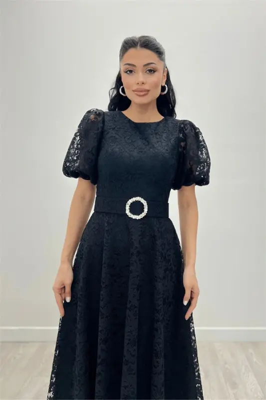 Lace Fabric Sleeves Balloon Sleeve Maxi Dress - BLACK - BÜYÜKBEDENIZ