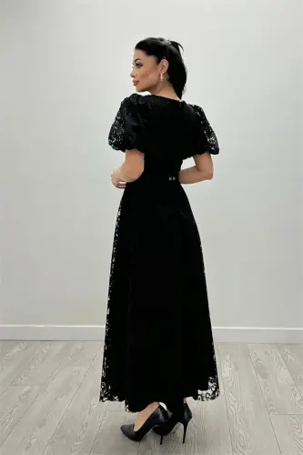 Lace Fabric Sleeves Balloon Sleeve Maxi Dress - BLACK - 5