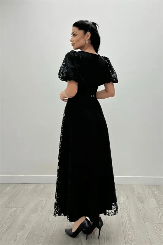 Lace Fabric Sleeves Balloon Sleeve Maxi Dress - BLACK - 5