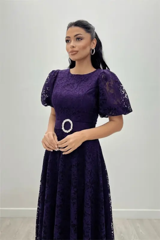 Lace Fabric Sleeves Balloon Sleeve Maxi Dress - EGGPLANT PURPLE - 2