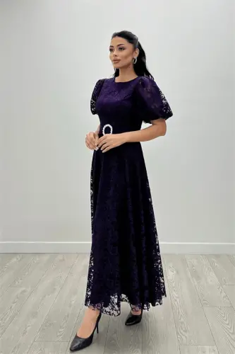 Lace Fabric Sleeves Balloon Sleeve Maxi Dress - EGGPLANT PURPLE - 4