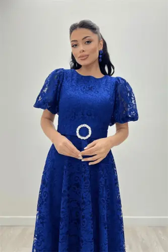 Lace Fabric Sleeves Balloon Sleeve Maxi Dress - SAPPHIRE BLUE - BÜYÜKBEDENIZ (1)