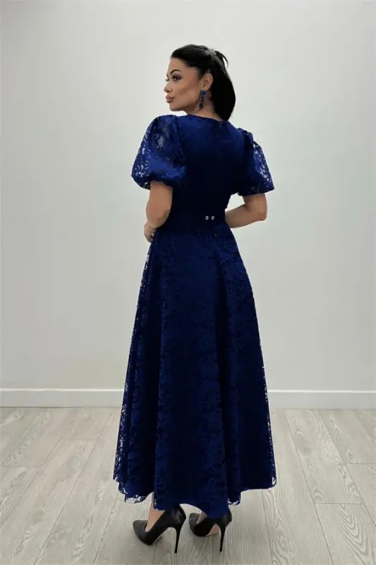 Lace Fabric Sleeves Balloon Sleeve Maxi Dress - SAPPHIRE BLUE - 5