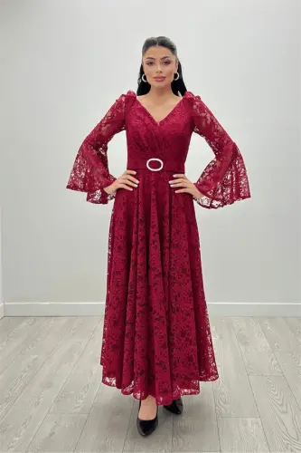 Lace Fabric Sleeves Flounce Detailed - BURGUNDY - 3