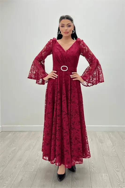 Lace Fabric Sleeves Flounce Detailed - BURGUNDY - 3