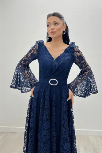 Lace Fabric Sleeves Flounce Detailed - NAVY BLUE - 1