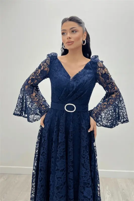 Lace Fabric Sleeves Flounce Detailed - NAVY BLUE - BÜYÜKBEDENIZ