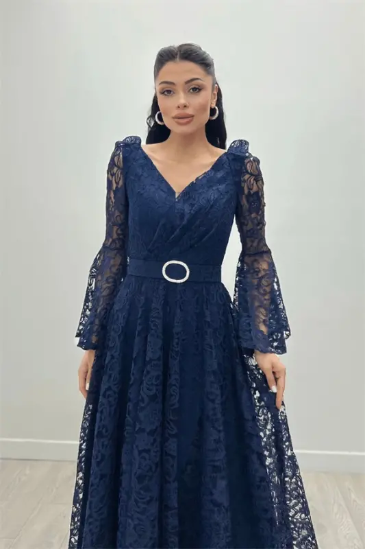 Lace Fabric Sleeves Flounce Detailed - NAVY BLUE - 2