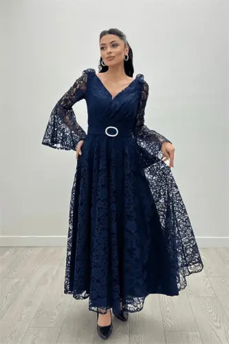 Lace Fabric Sleeves Flounce Detailed - NAVY BLUE - 3