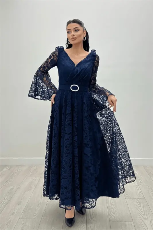 Lace Fabric Sleeves Flounce Detailed - NAVY BLUE - 3