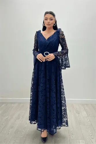 Lace Fabric Sleeves Flounce Detailed - NAVY BLUE - 4