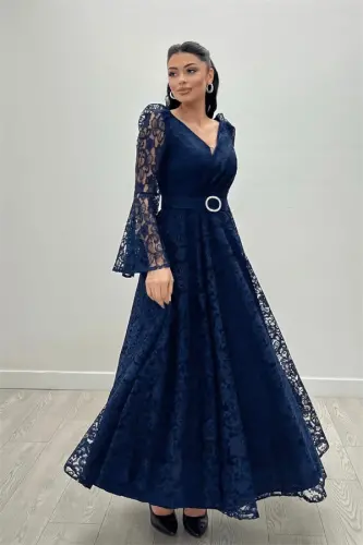 Lace Fabric Sleeves Flounce Detailed - NAVY BLUE - 5