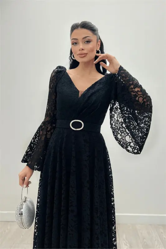 Lace Fabric Sleeves with Ruffle Detail - BLACK - 1