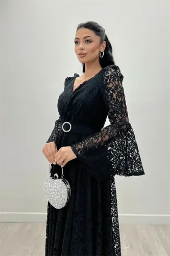 Lace Fabric Sleeves with Ruffle Detail - BLACK - BÜYÜKBEDENIZ (1)
