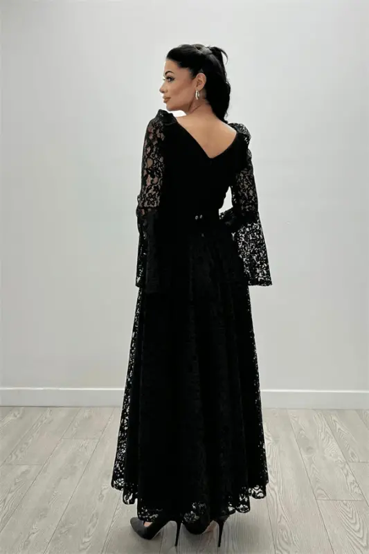 Lace Fabric Sleeves with Ruffle Detail - BLACK - 5