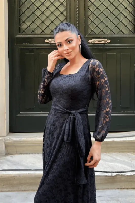 Lace Fabric Square Neck Dress - BLACK - 4