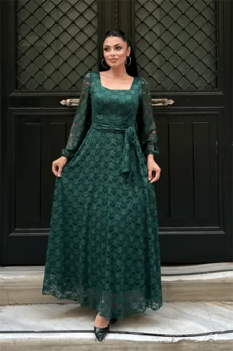 Lace Fabric Square Neck Dress - EMERALD GREEN - 1