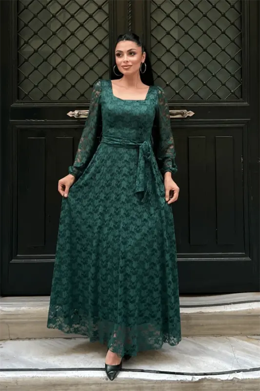 Lace Fabric Square Neck Dress - EMERALD GREEN - BÜYÜKBEDENIZ
