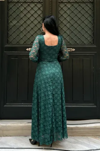 Lace Fabric Square Neck Dress - EMERALD GREEN - 5