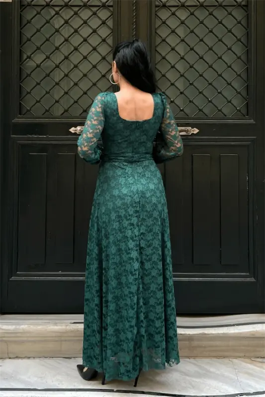 Lace Fabric Square Neck Dress - EMERALD GREEN - 5