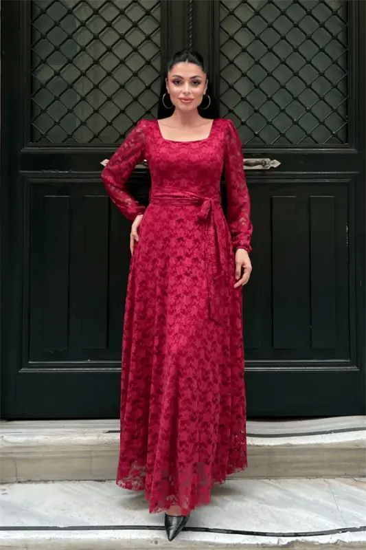 Lace Fabric Square Neck Dress - RED - 1