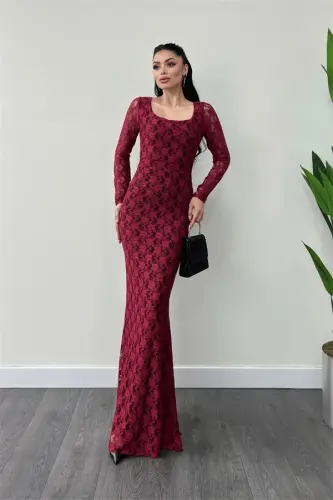 Lace Fabric Square Neck Fishtail Dress - BURGUNDY - 1