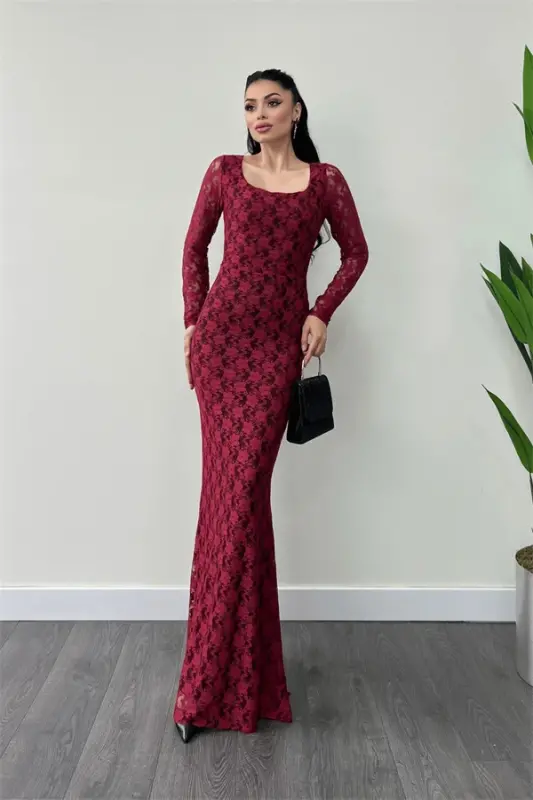 Lace Fabric Square Neck Fishtail Dress - BURGUNDY - BÜYÜKBEDENIZ