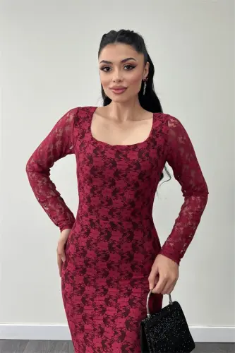 Lace Fabric Square Neck Fishtail Dress - BURGUNDY - 3