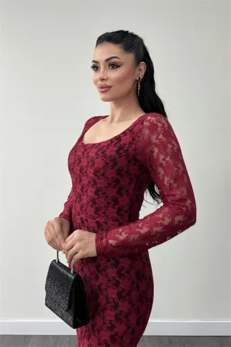 Lace Fabric Square Neck Fishtail Dress - BURGUNDY - 4