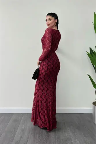 Lace Fabric Square Neck Fishtail Dress - BURGUNDY - 5