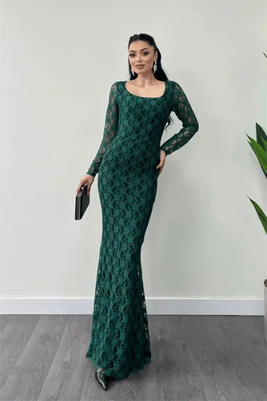 Lace Fabric Square Neck Fishtail Dress - EMERALD GREEN - BÜYÜKBEDENIZ