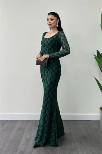 Lace Fabric Square Neck Fishtail Dress - EMERALD GREEN - BÜYÜKBEDENIZ (1)