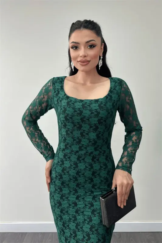 Lace Fabric Square Neck Fishtail Dress - EMERALD GREEN - 3