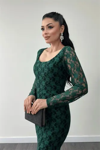Lace Fabric Square Neck Fishtail Dress - EMERALD GREEN - 4