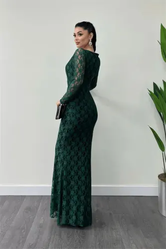 Lace Fabric Square Neck Fishtail Dress - EMERALD GREEN - 5