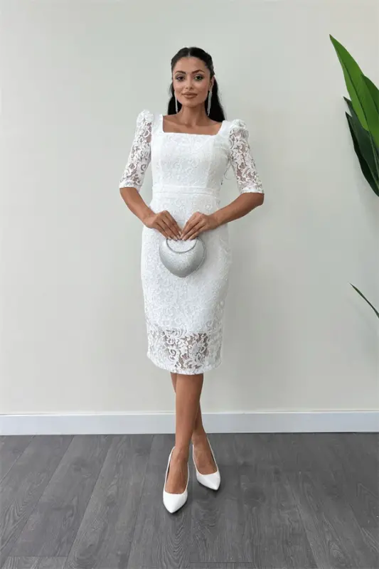 Lace Fabric Square Neck Pencil Evening Dress - WHITE - 1