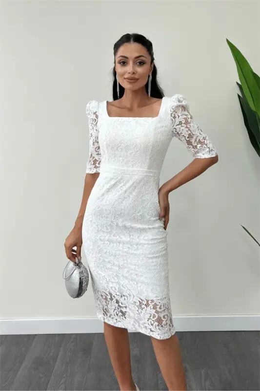 Lace Fabric Square Neck Pencil Evening Dress - WHITE - 3