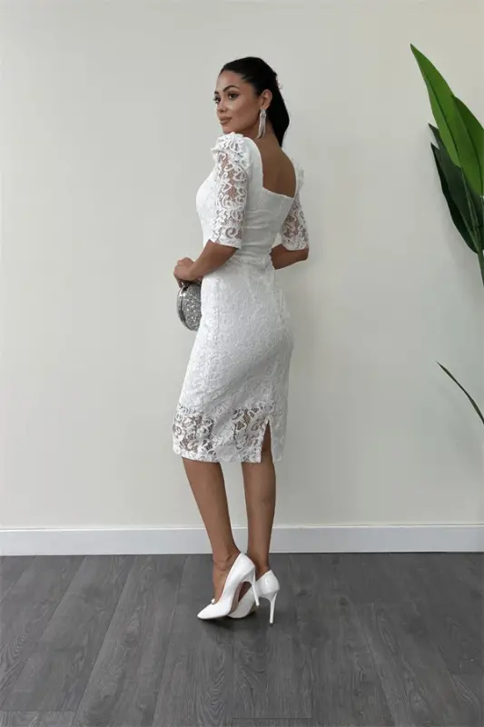 Lace Fabric Square Neck Pencil Evening Dress - WHITE - 5
