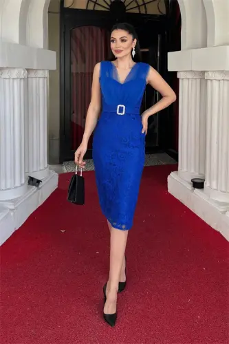 Lace Fabric Tulle Detailed Pencil Dress - SAX BLUE - 1
