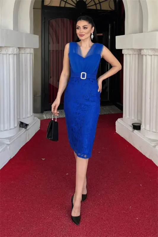 Lace Fabric Tulle Detailed Pencil Dress - SAX BLUE - BÜYÜKBEDENIZ