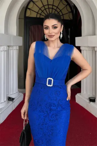 Lace Fabric Tulle Detailed Pencil Dress - SAX BLUE - 3