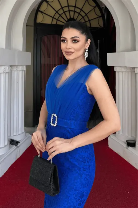 Lace Fabric Tulle Detailed Pencil Dress - SAX BLUE - 4