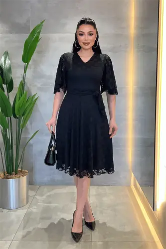 Lace Fabric V-Neck Midi Dress - BLACK - 1