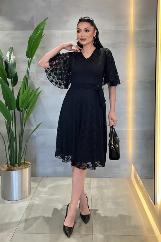 Lace Fabric V-Neck Midi Dress - BLACK - 2