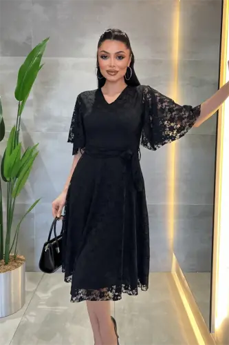 Lace Fabric V-Neck Midi Dress - BLACK - 3