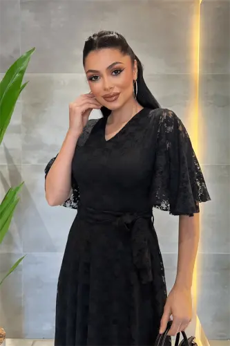 Lace Fabric V-Neck Midi Dress - BLACK - 4