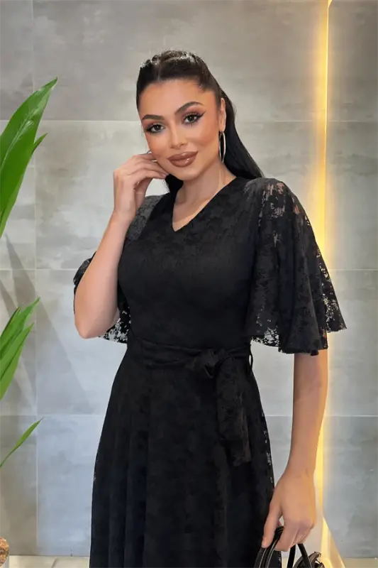 Lace Fabric V-Neck Midi Dress - BLACK - 4