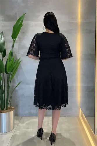 Lace Fabric V-Neck Midi Dress - BLACK - 5